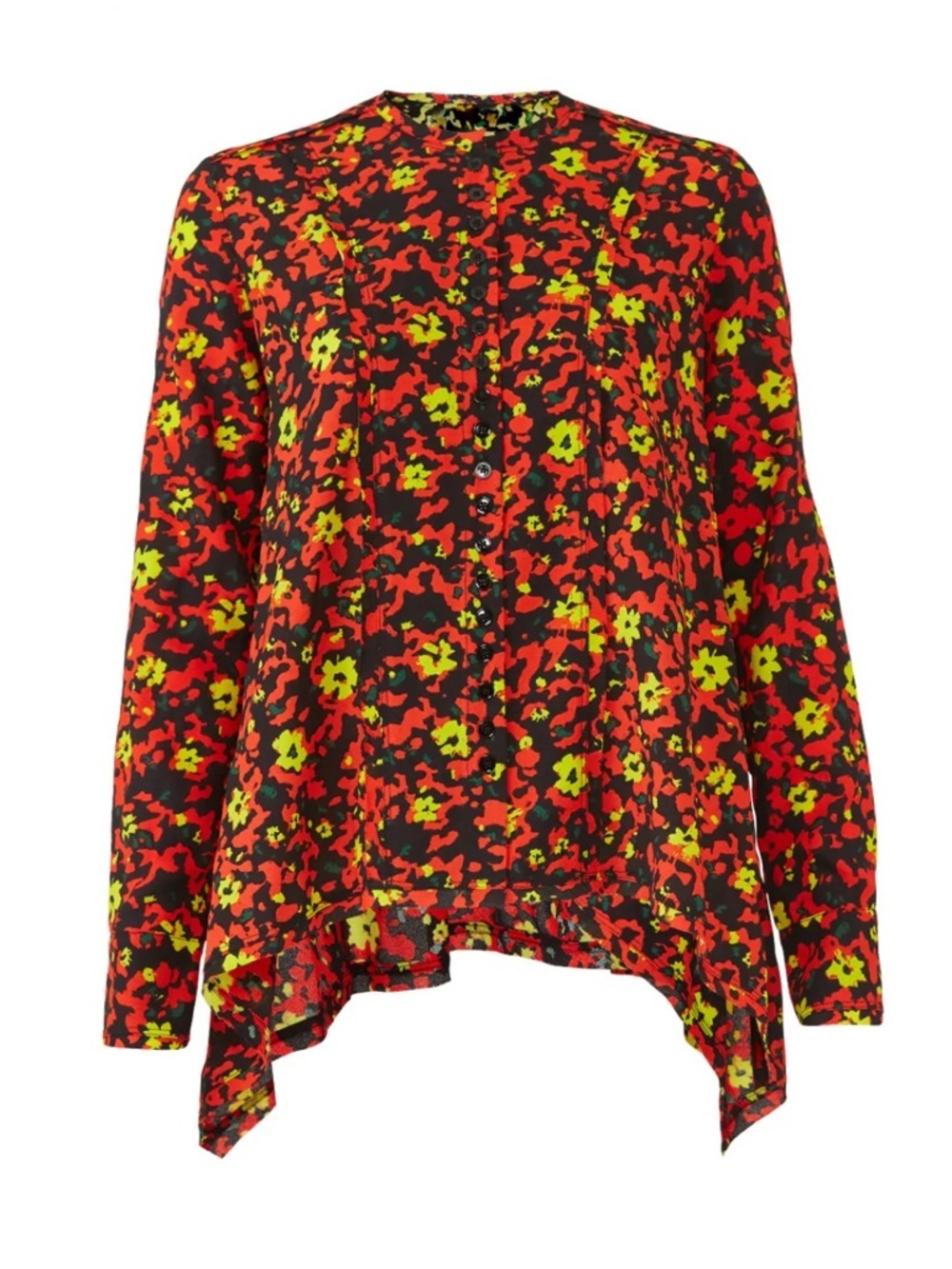 Proenza Schouler Red, Black and Lime Floral Button-Front Long-Sleeve Top